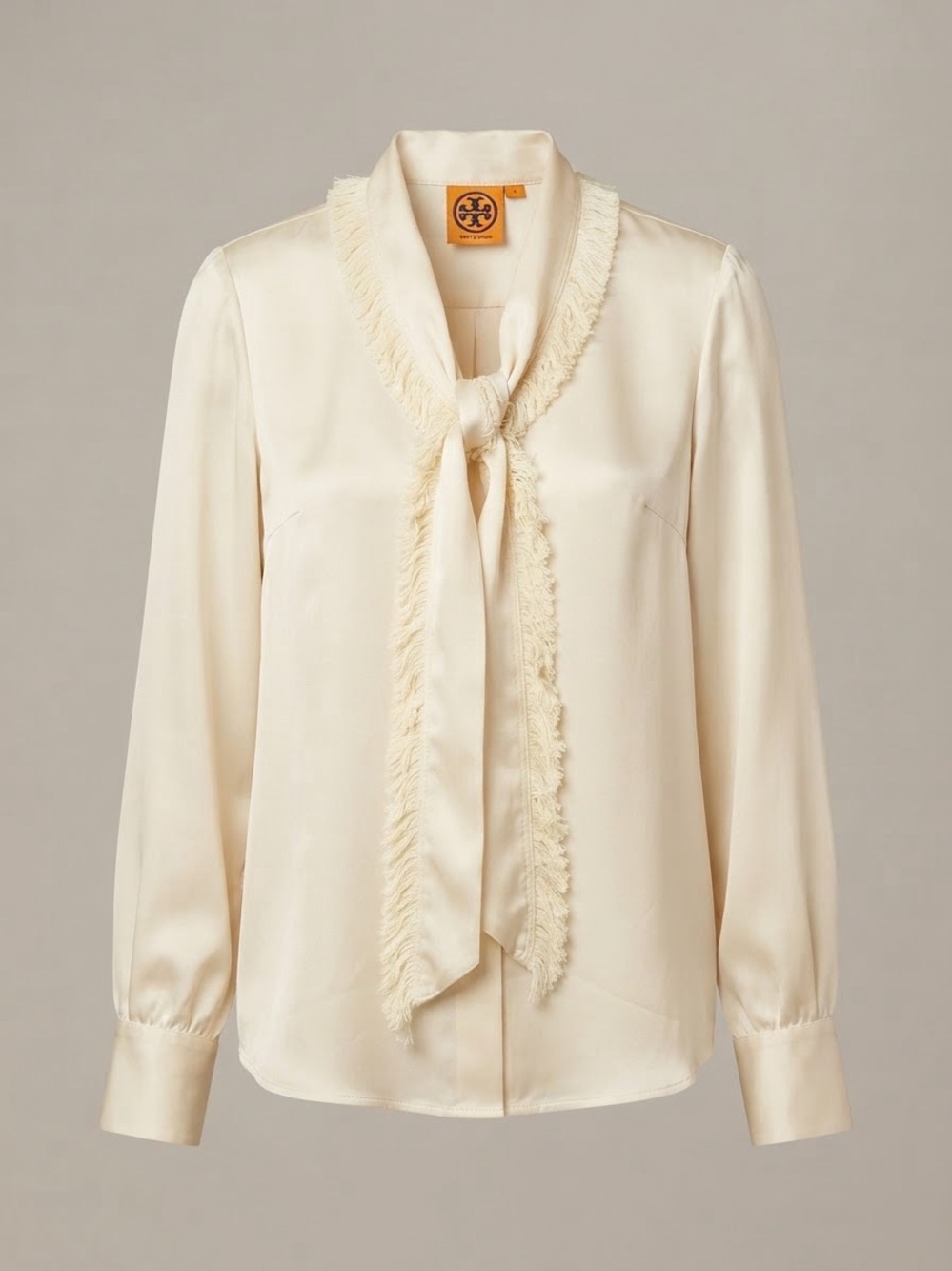 Tory Burch 100% Silk Ivory Blouse with Fringe Necktie
